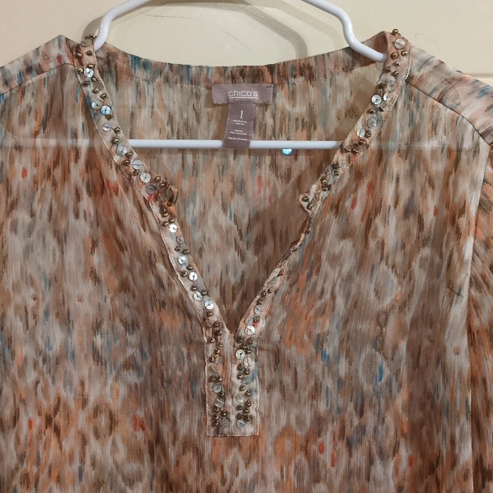 Chicos Tunic: Sheer, Abstract Print Embellished With Beads & Rhinestones, V-Neck - Picture 5 of 16